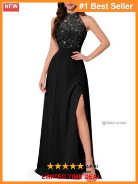 A-Line Halter Sequin Lace Chiffon Gown High Split Bridesmaid Formal Dress